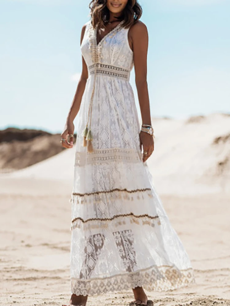 Vestido maxi bohemio elegante para mujer, con escote en V y diseño sin mangas. Perfecto para playa y casual.