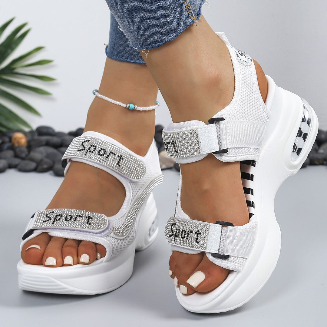 Sandalias de plataforma con amortiguación para mujer, strass decorativo y correa de velcro ajustable.