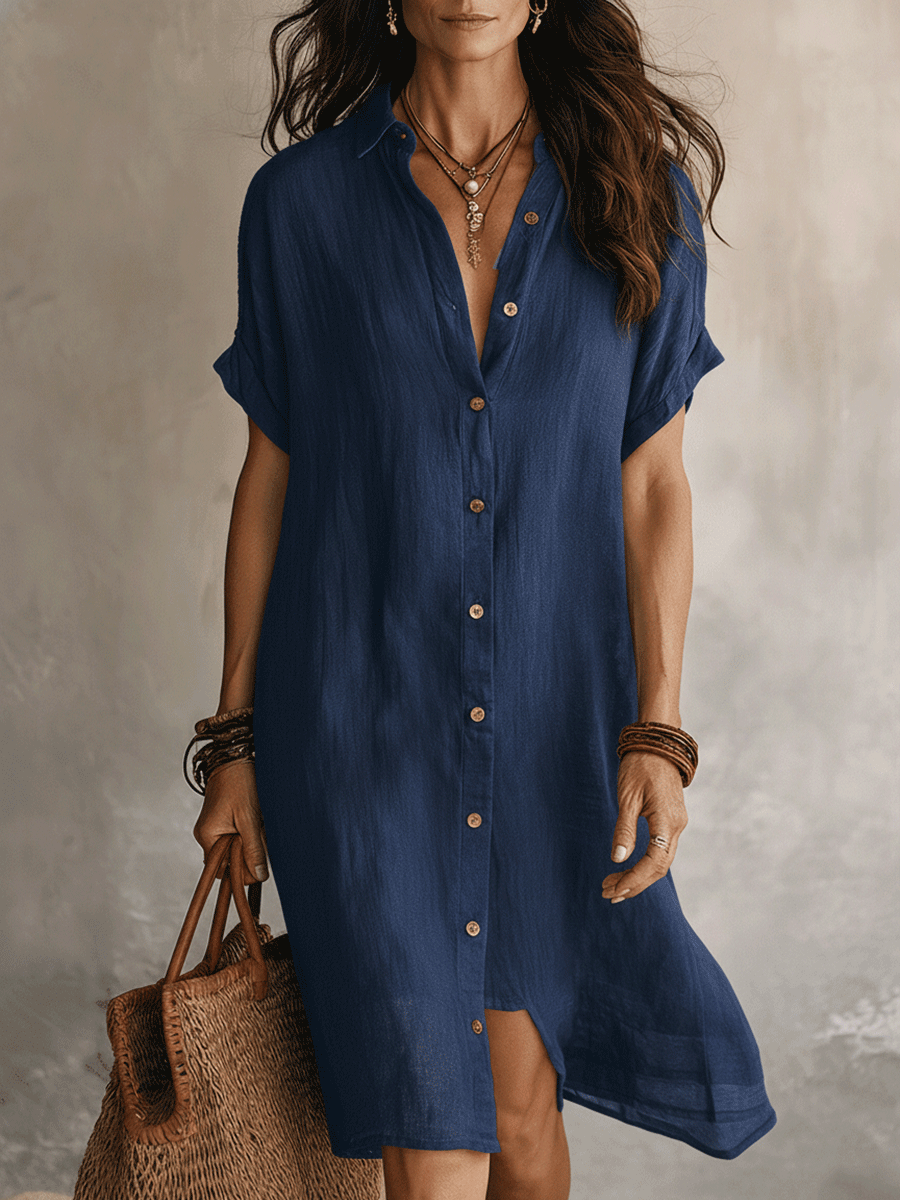Vestido camisa midi fresco para mujer, manga corta. Comodidad veraniega, botones. Estilo casual chic.
