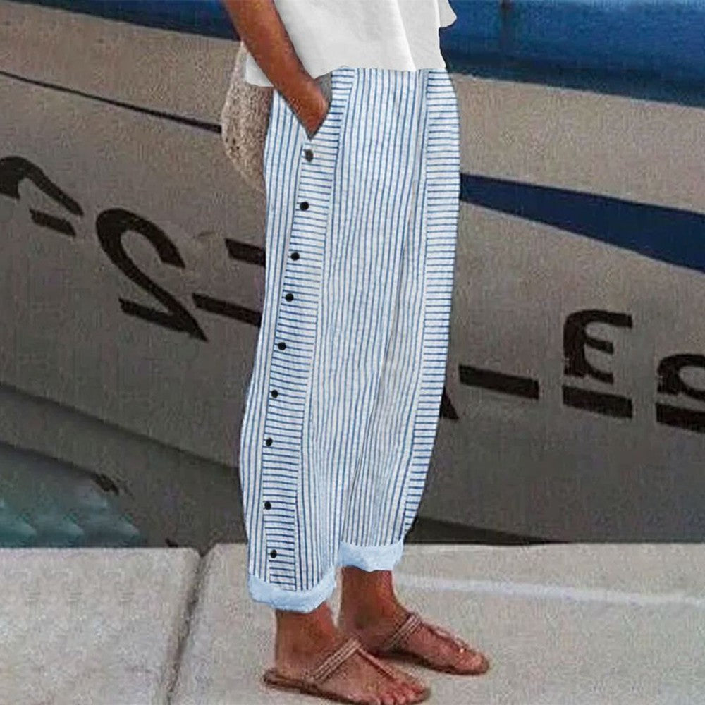 Pantalones de algodón a rayas para mujer. Ligeros y transpirables con cintura elástica. Estilo casual ideal para el verano.