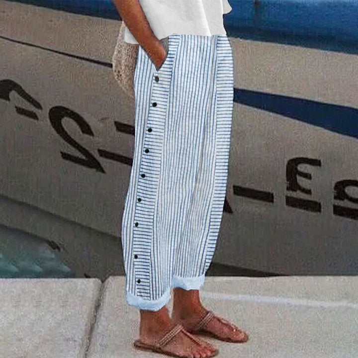 Pantalones de algodón a rayas para mujer. Ligeros y transpirables con cintura elástica. Estilo casual ideal para el verano.