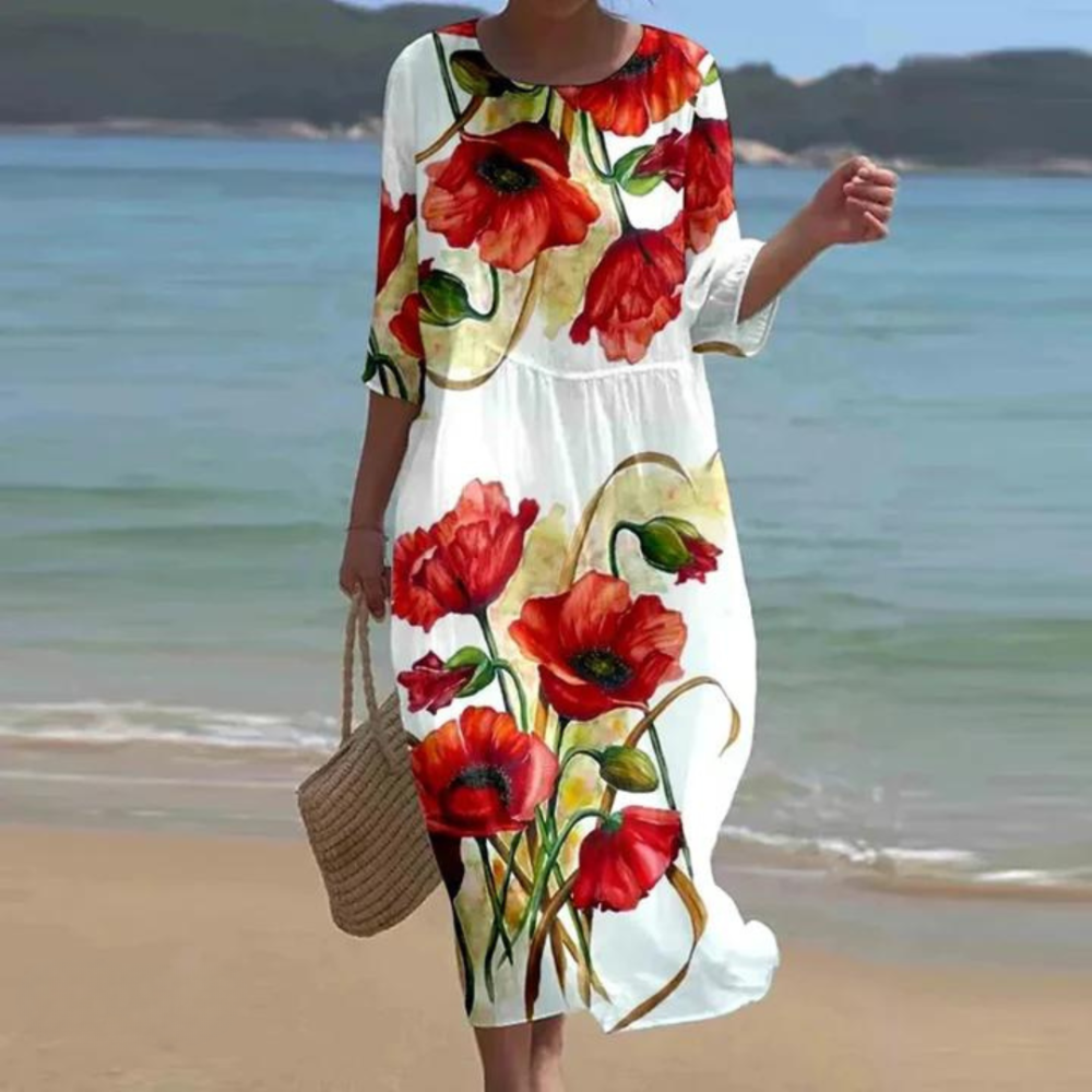 Vestido de mujer estilo libre, holgado y fluido, perfecto para verano. Cuello redondo y cómodo.