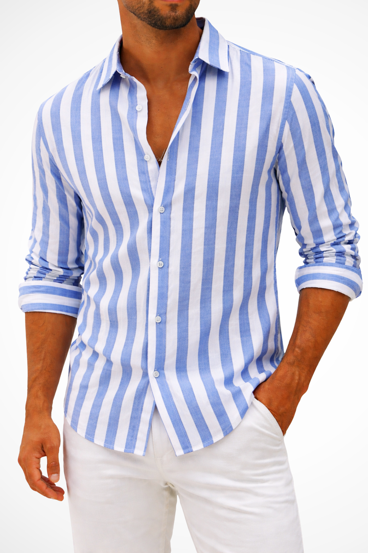 Elegante camisa de lino a rayas para hombre. Estilo veraniego, transpirable y de manga larga. Moda casual.