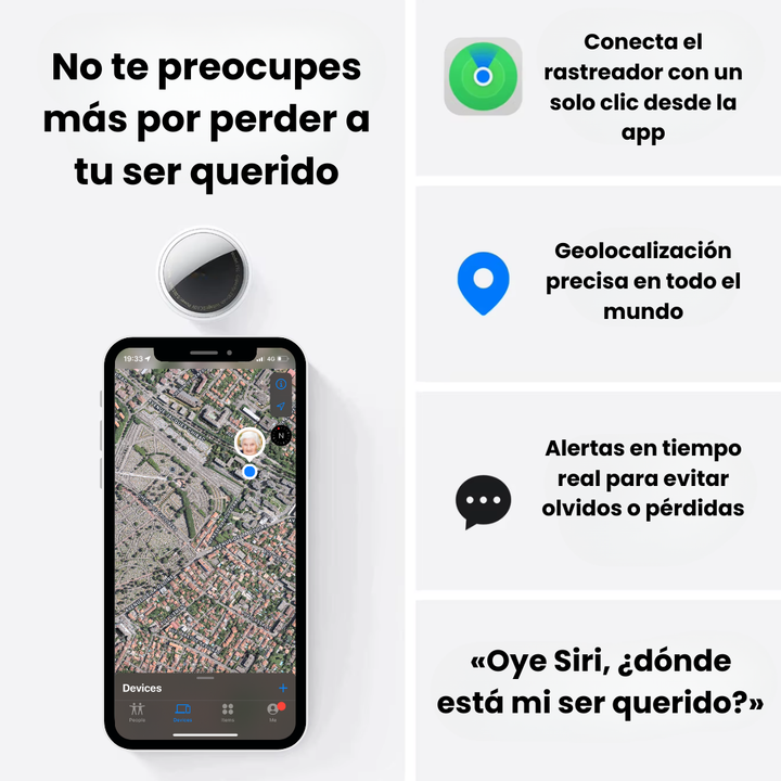 Pantalla de smartphone mostrando el mapa de seguimiento GPS en tiempo real de un localizador para mayores.
