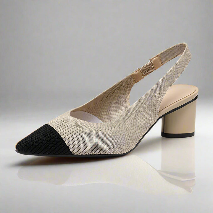 Tacones elegantes de mujer con punta fina y tira trasera slingback. Calzado femenino ideal para fiesta u oficina.