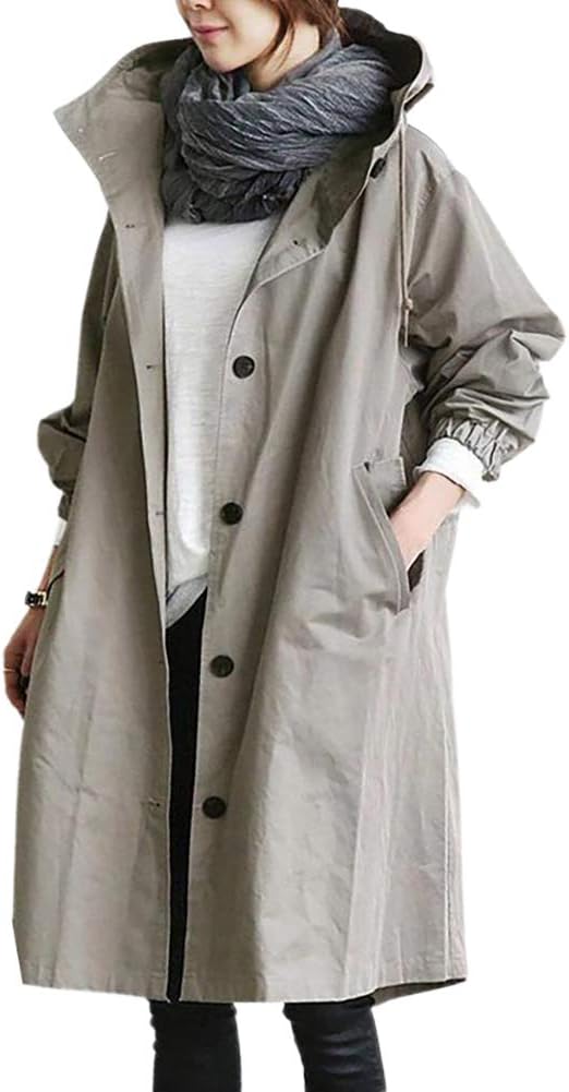Abrigo largo de mujer con cuello alto y capucha. Gabardina impermeable para moda femenina de otoño/invierno.