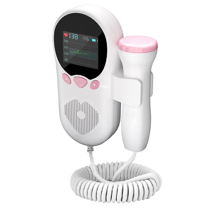 Monitor Doppler fetal para uso doméstico, mostrando pantalla digital de latidos y sonda.