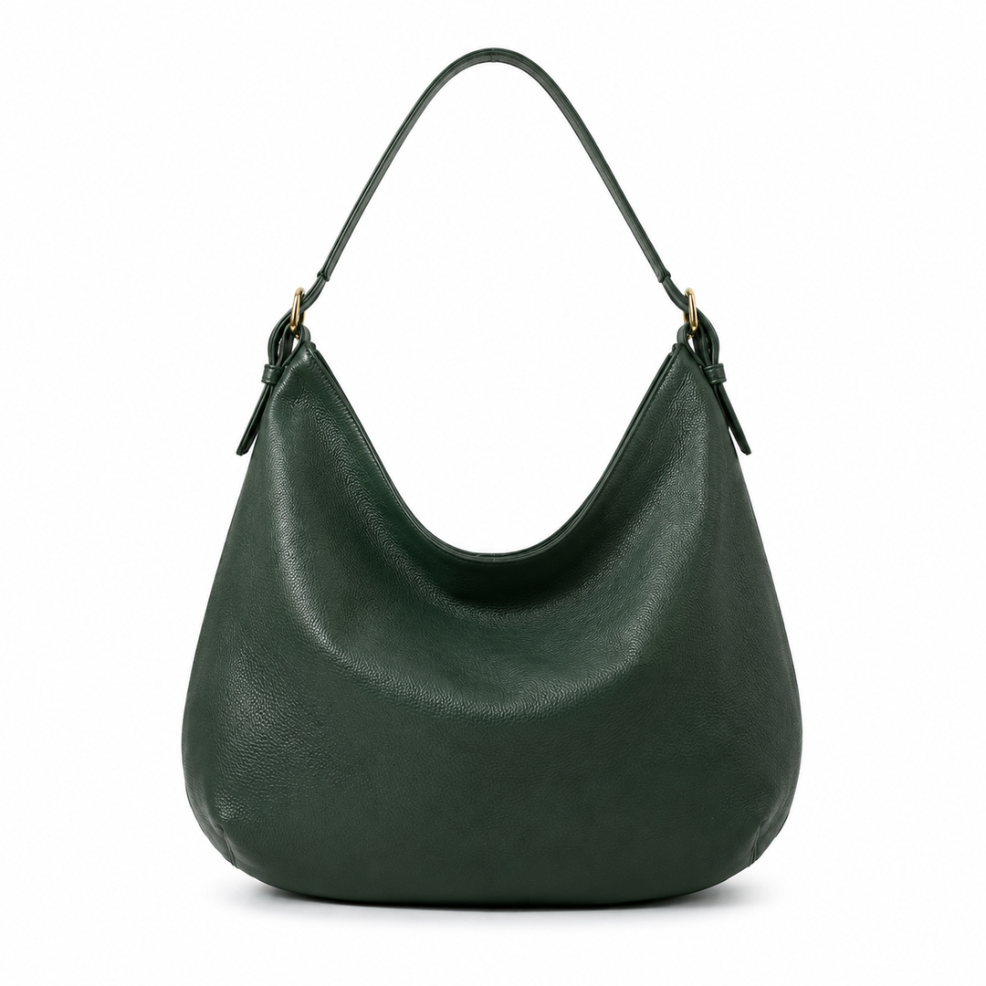 Bolso hobo de cuero vegano verde oscuro, ideal para uso diario y complementar un look chic.