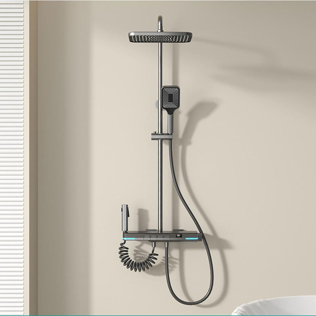 Sistema de ducha termostático con pantalla digital. Funcionalidad y diseño moderno para baños actuales.