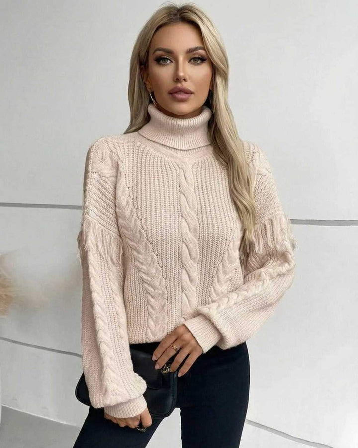 Suéter blanco de cuello alto para mujer, tejido cómodo de punto.