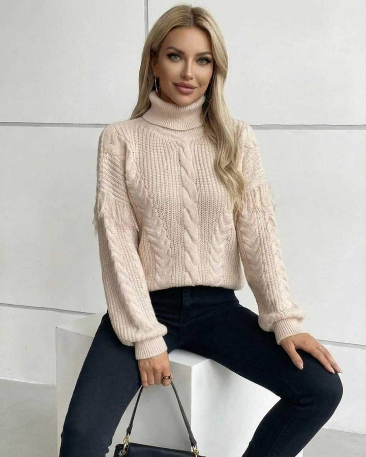 Suéter blanco de manga larga y cuello alto para mujer, suave y cómodo tejido de punto.