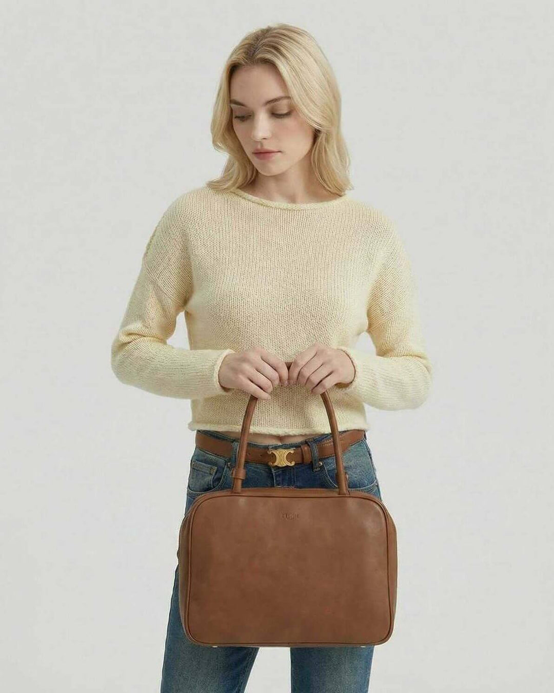 Suéter Siena de punto ligero color crema para mujer, cuello redondo. Cómodo y elegante para outfits de otoño e invierno.