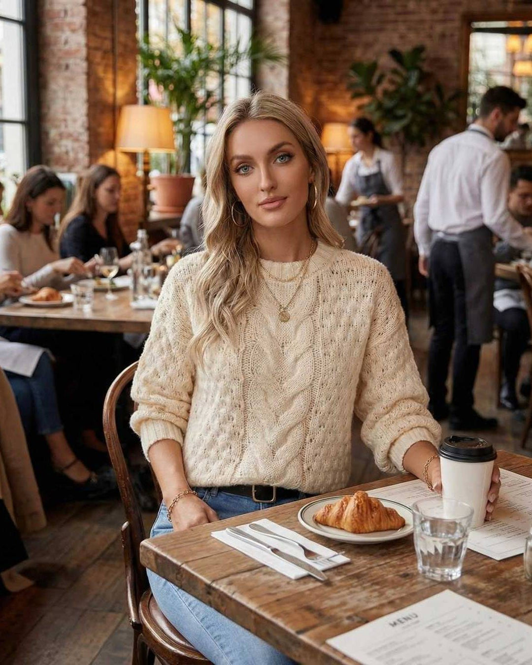 Suéter crema trenzado para mujer. Versátil, elegante y casual. Perfecto para días fríos de otoño.