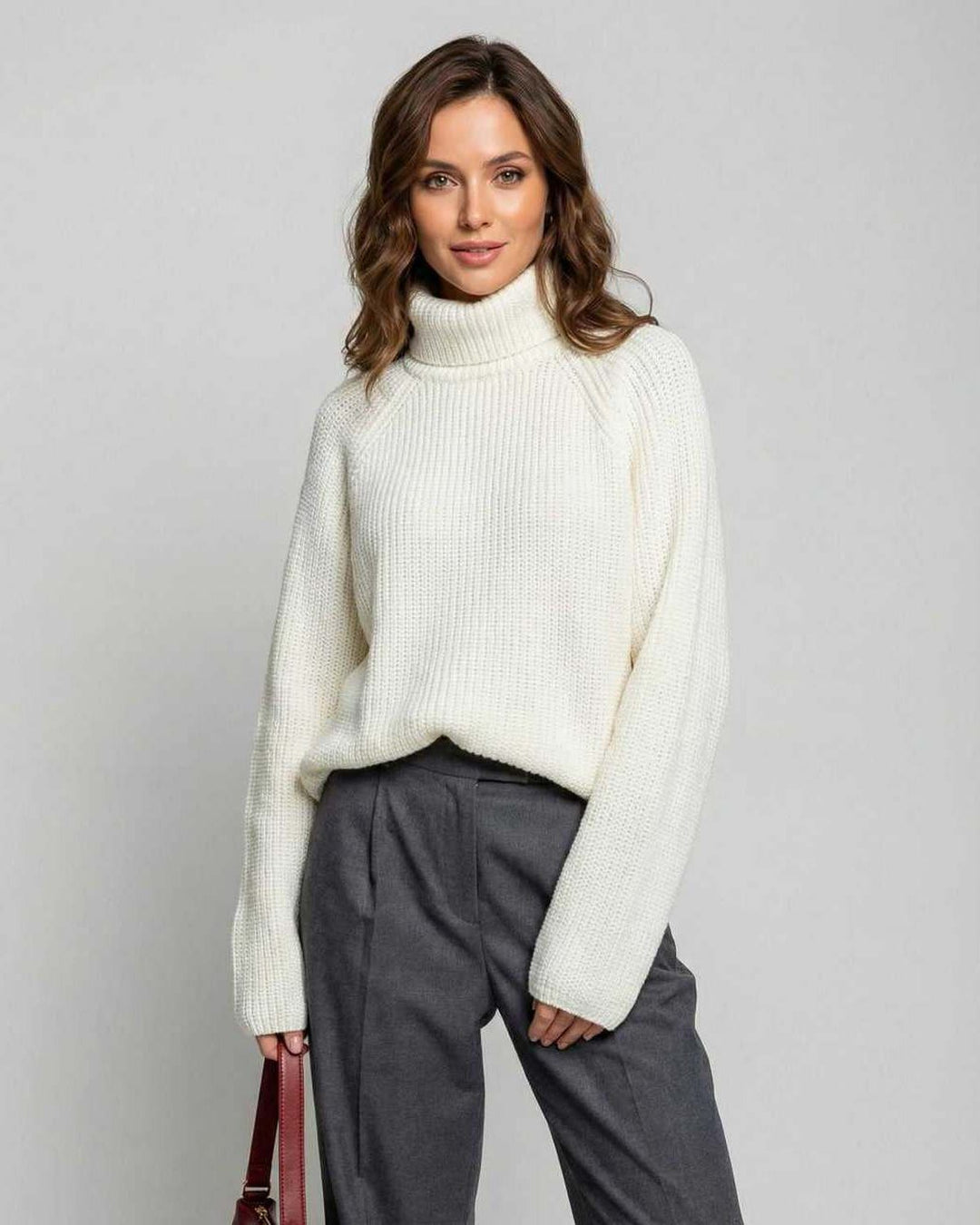 Suéter blanco de cuello alto para mujer, ajuste suelto. Ideal para otoño e invierno.