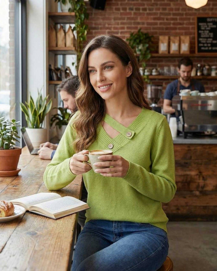 Suéter verde casual de mujer. Elegante, con cuello en V y corte asimétrico. Perfecto para el frío de otoño.