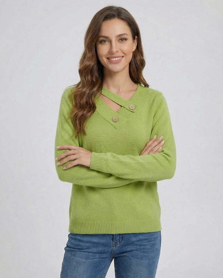 Suéter de invierno verde para mujer, diseño asimétrico. Cálido, con cuello en V y manga larga para otoño.