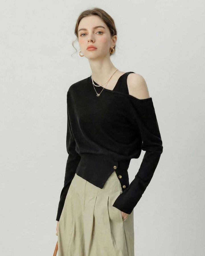 Suéter negro off shoulder femenino. Pullover elegante de manga larga, ideal para outfits de otoño e invierno.