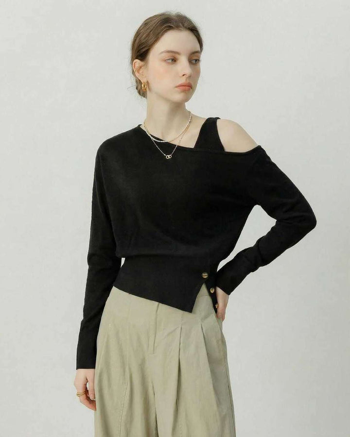 Pullover negro elegante off shoulder para mujer. Suéter asimétrico casual chic, perfecto para otoño e invierno.