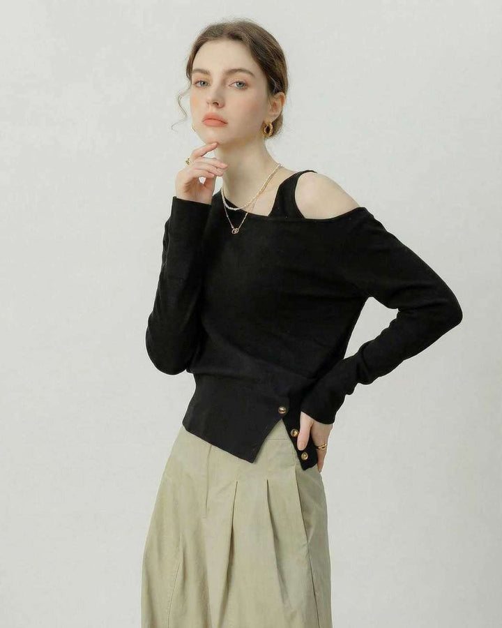 Suéter de mujer negro off shoulder. Jersey manga larga confortable, prenda básica elegante para cualquier ocasión.