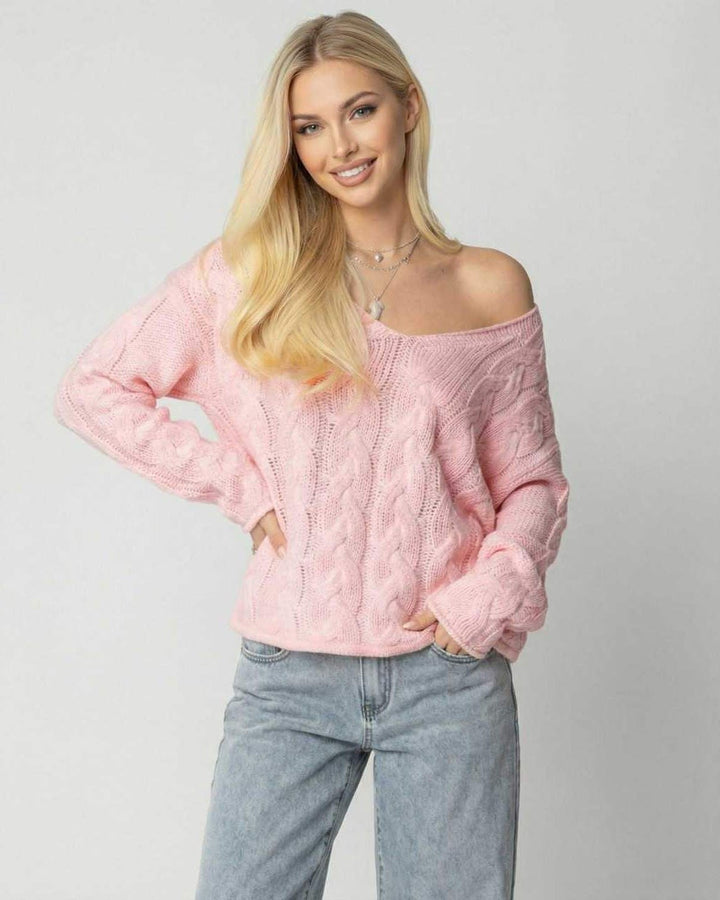 Suéter rosa de cuello V para mujer, ajuste relajado, manga larga, ideal para otoño/invierno.