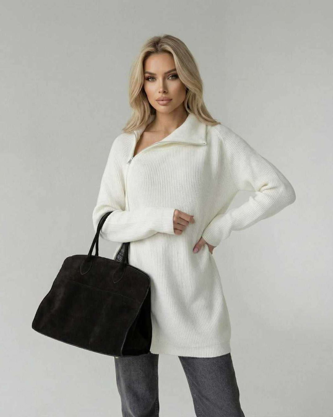 Suéter de punto acanalado blanco para mujer, cómodo, manga larga, estilo casual y elegante de otoño.