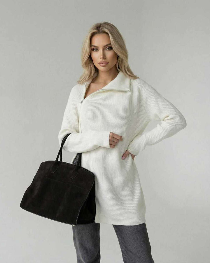 Suéter de punto acanalado blanco para mujer, cómodo, manga larga, estilo casual y elegante de otoño.