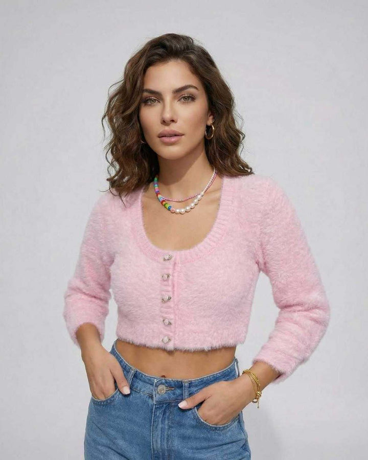 Cárdigan rosa corto para mujer, estilo moderno y versátil, perfecto para el frío.