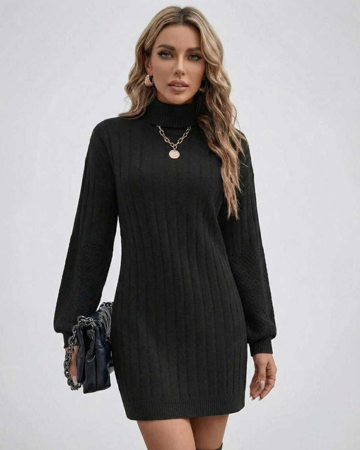 Vestido mini de suéter negro elegante para mujer, cuello alto y manga larga. Ideal para otoño/invierno.