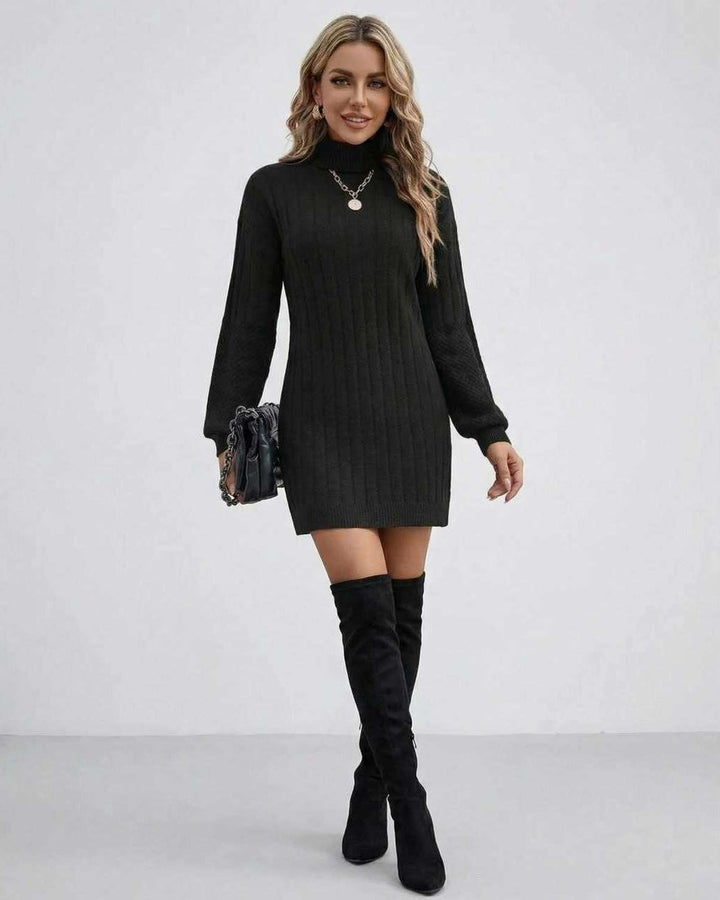 Vestido negro de suéter para mujer, cuello alto y manga larga. Moda de otoño/invierno, ajuste ceñido.