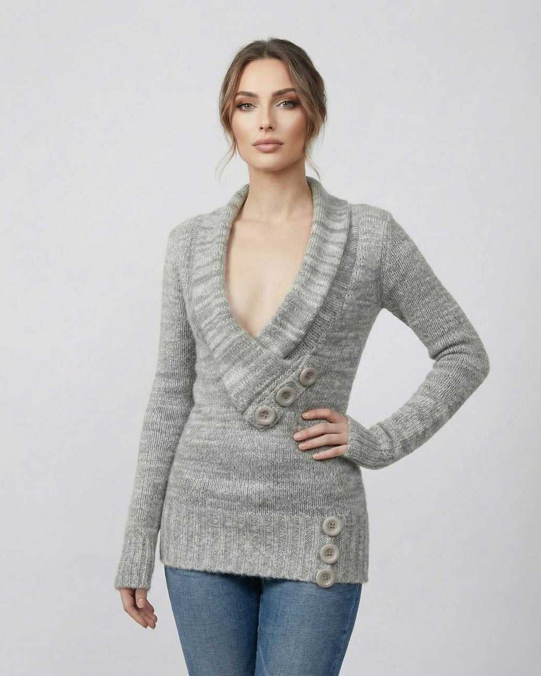 Suéter de mujer con escote en V y botones, manga larga. Confortable y moderno, perfecto para climas fríos de otoño.