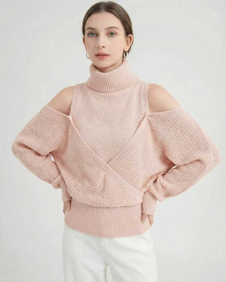 Suéter mujer blanco hombros descubiertos. Tejido de punto, estilo casual y chic. Ropa invierno.