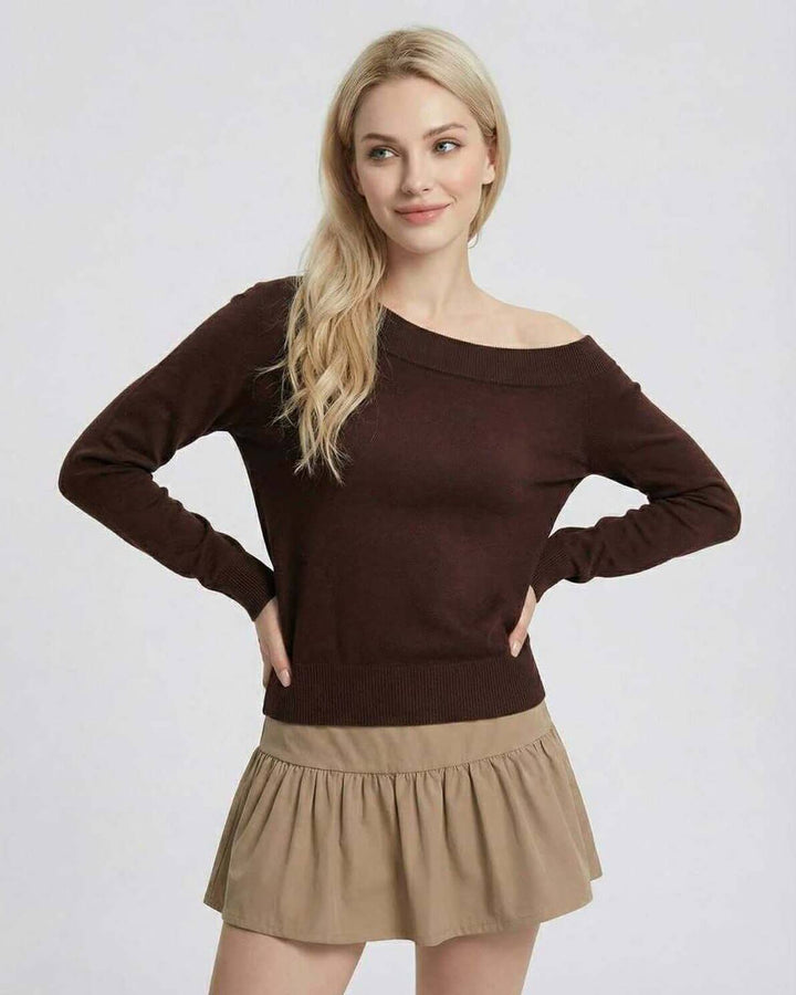 Suéter de mujer marrón, hombros descubiertos. Estilo casual elegante y sofisticado para cualquier ocasión.