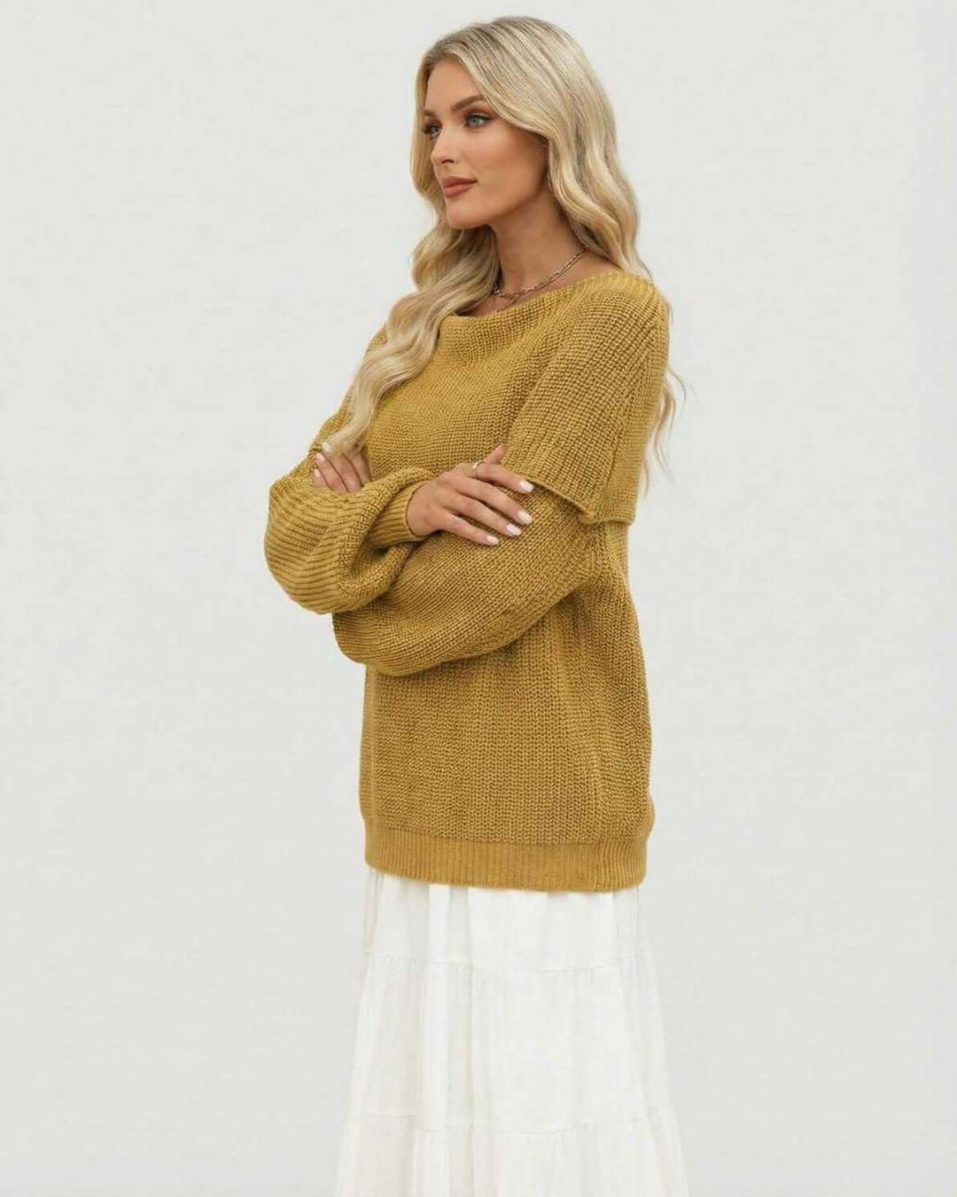 Suéter blanco de mujer Sahara, oversized y cómodo para otoño-invierno. Diseño elegante con hombro caído, casual y chic.