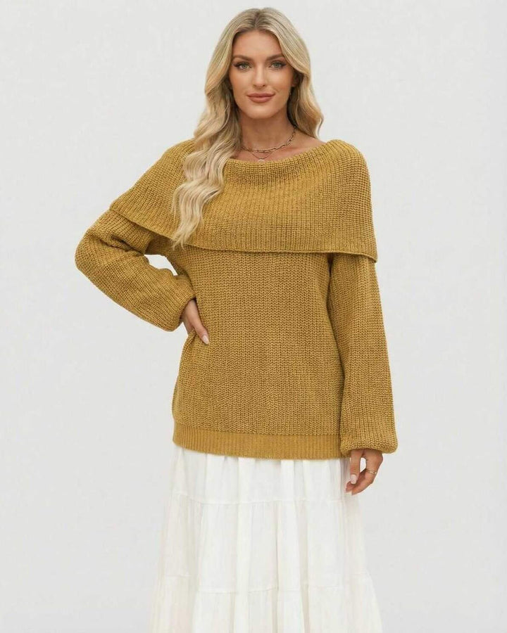 Suéter de punto blanco Sahara para mujer, estilo oversized y hombro caído. Elegante y casual para moda de otoño/invierno.