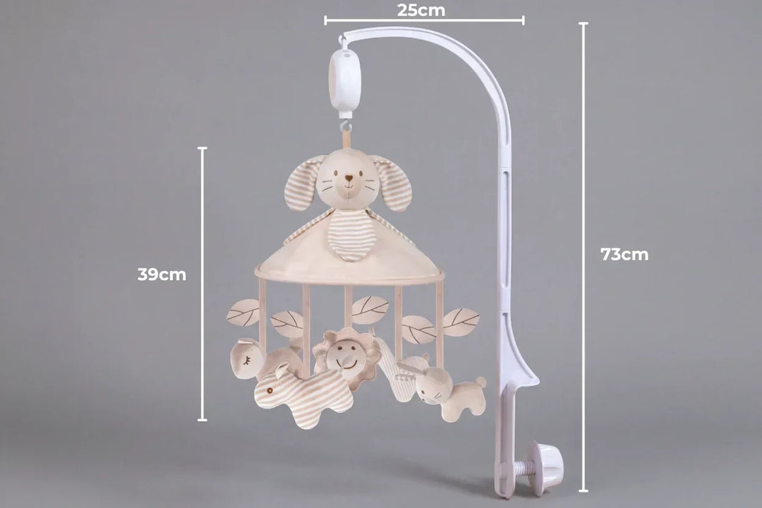 Móvil infantil musical de madera para cuna, con brazo soporte ajustable y figuras didácticas.