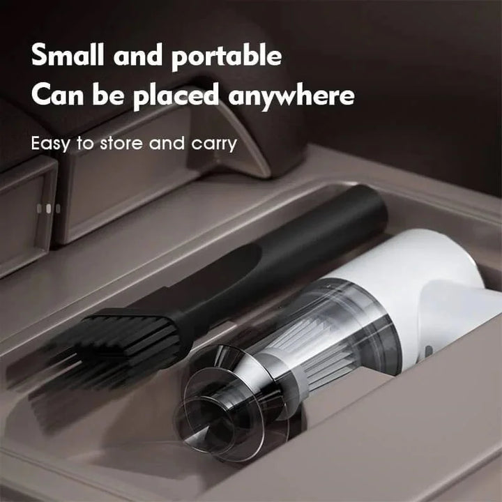 Diseño ergonómico de mini aspiradora inalámbrica, ligera y portátil. Ideal para limpieza rápida y sin cables en cualquier lugar.