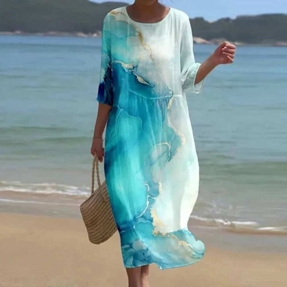 Vestido holgado de verano para mujer, cuello redondo, estilo casual y cómodo para playa.