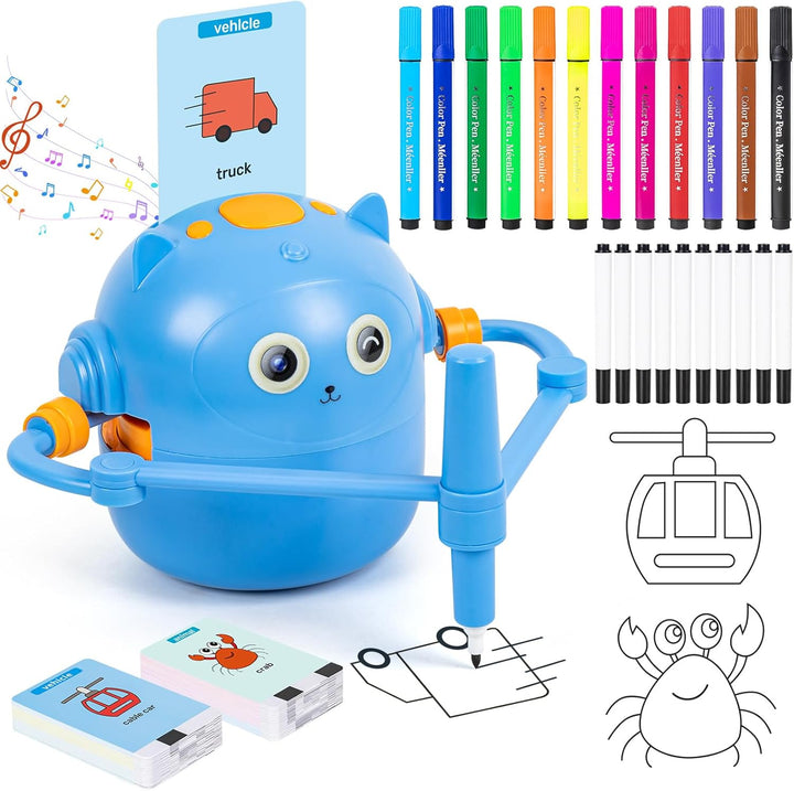Robot de dibujo interactivo para niños, fomenta creatividad y motricidad fina. Juguete educativo sin pantalla.