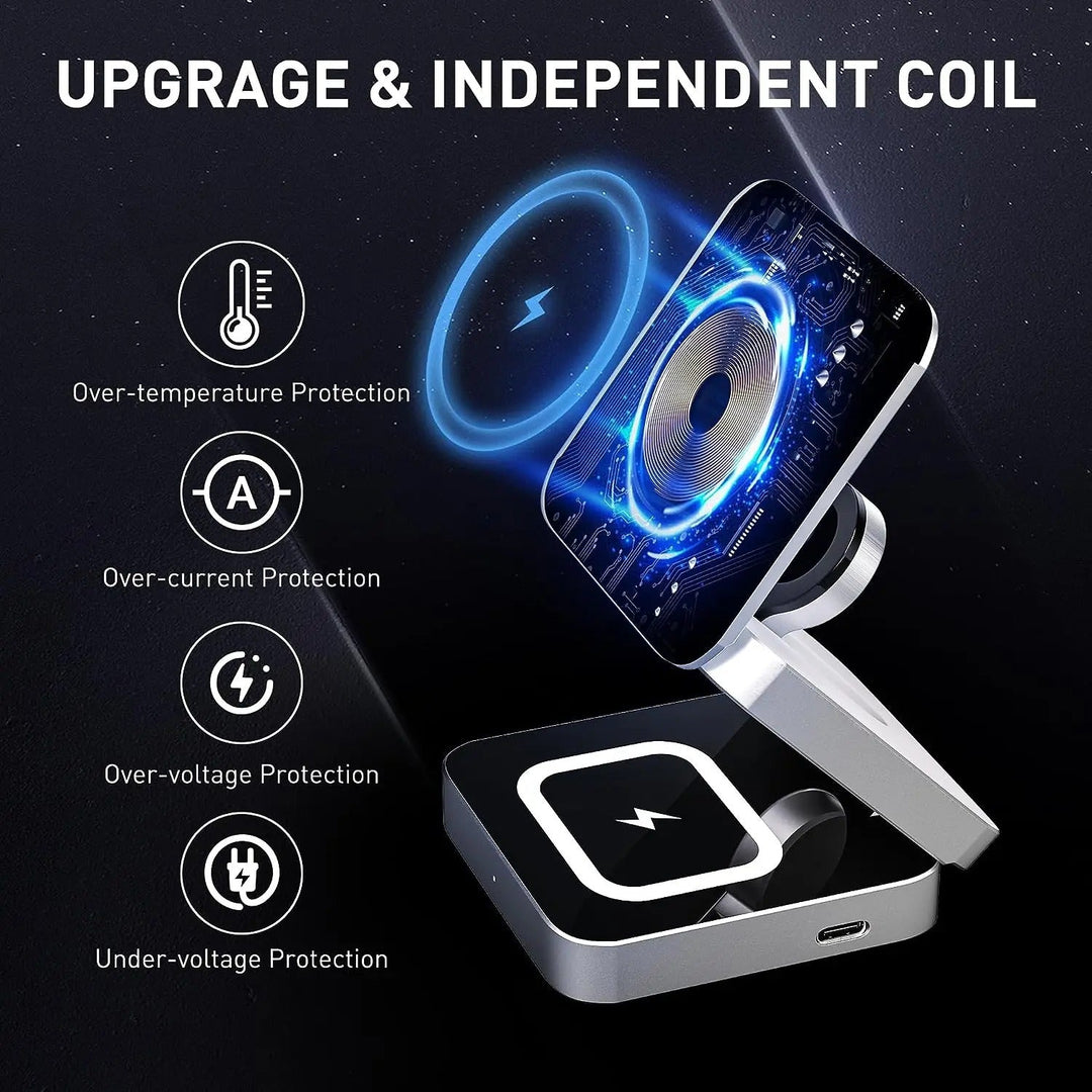 Cargador inalámbrico 3 en 1 plegable para iPhone, Apple Watch y AirPods. Carga magnética rápida de 30W.