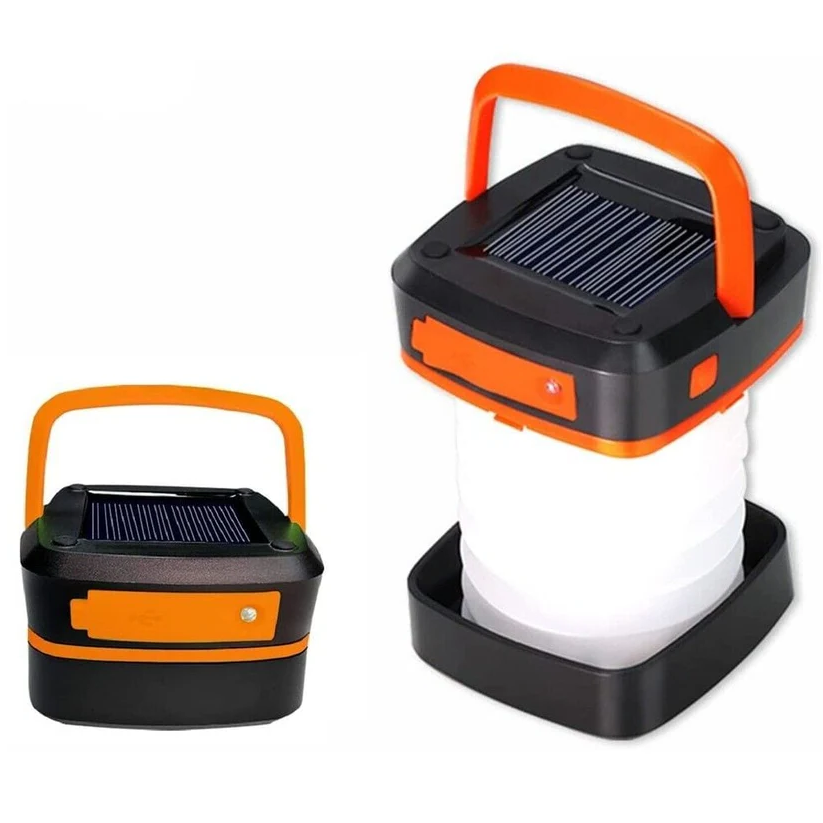 Linterna LED recargable USB naranja, plegable. Luz de emergencia para aventura, exterior y camping.