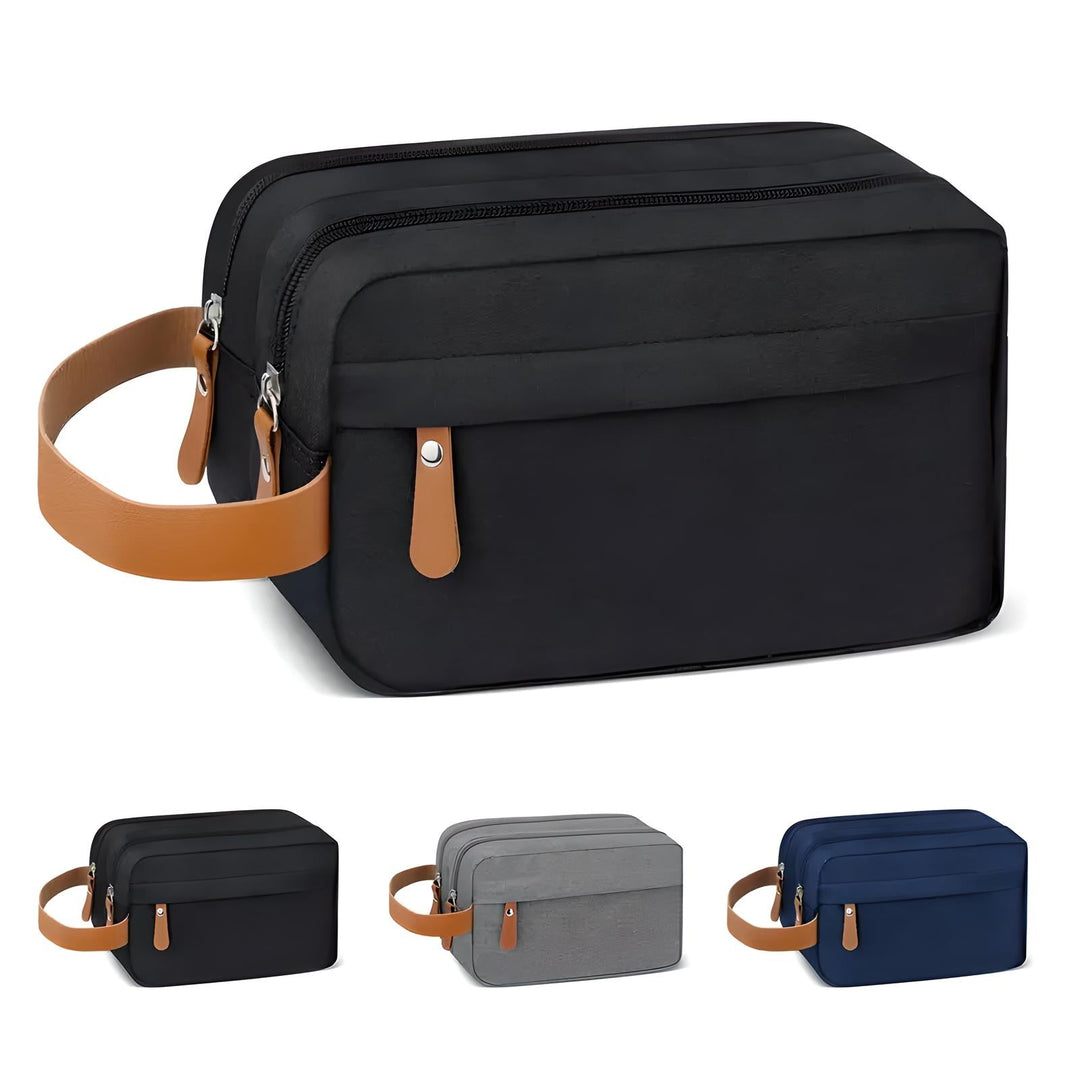 Neceser de viaje para hombre. Organizador de aseo personal compacto y elegante, ideal para accesorios modernos.