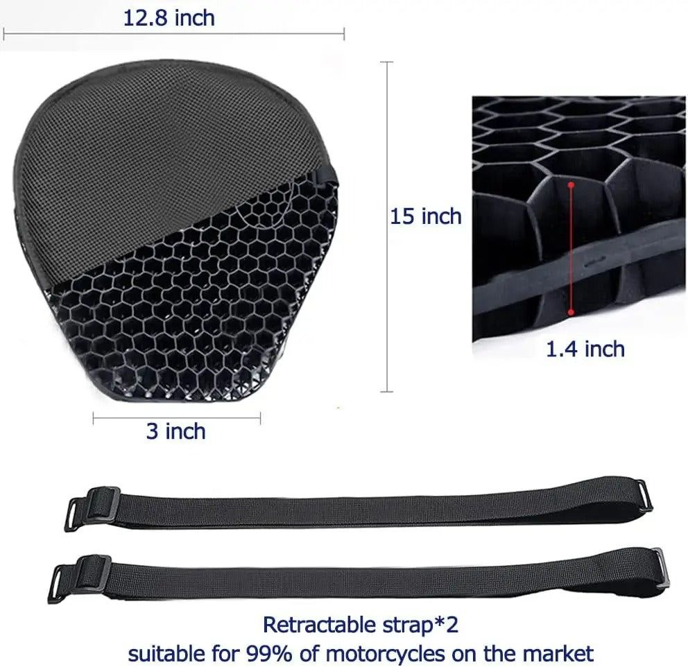 Confort en moto: Cojín HoneyRide 3D para asiento, alivia presión y absorbe vibraciones en viajes largos.
