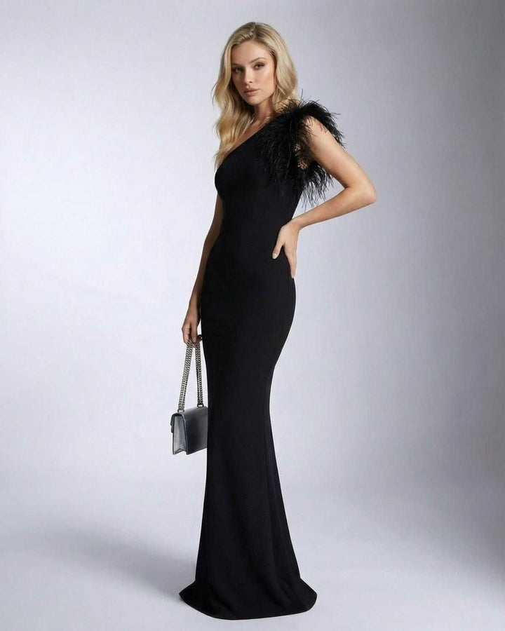 Vestido de gala maxi, estilo sirena para mujer, con exquisitas plumas. Ideal para bodas y eventos de noche.