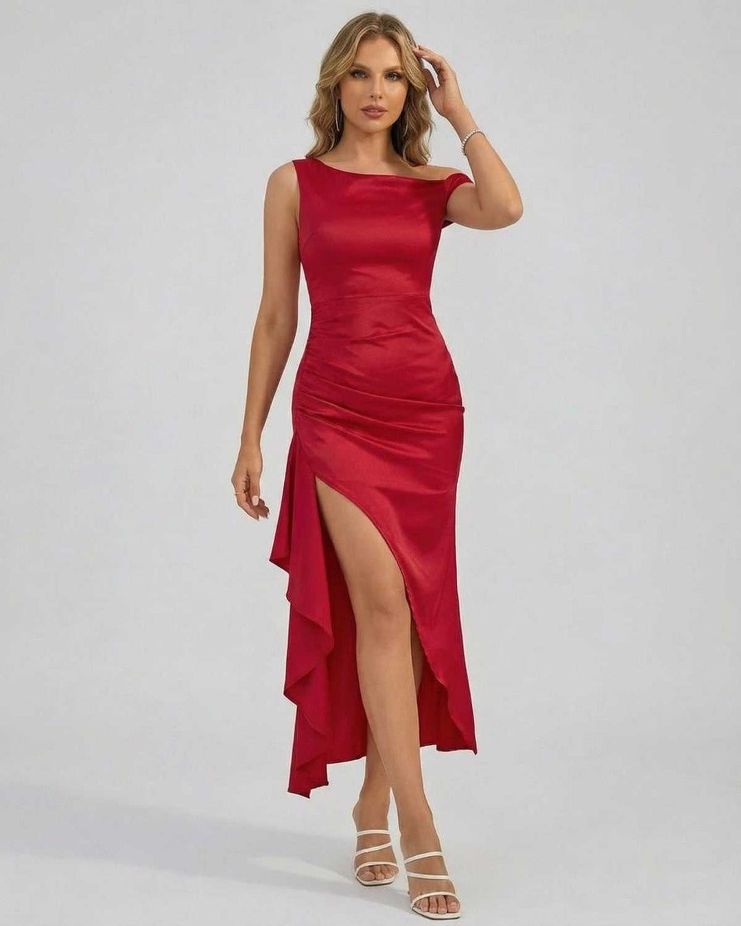 Vestido midi blanco off-shoulder elegante para mujer, ideal para fiesta o cóctel de noche.