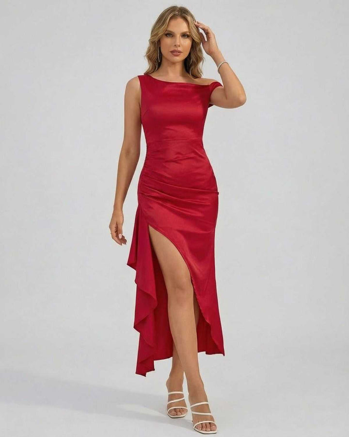 Vestido midi blanco off-shoulder elegante para mujer, ideal para fiesta o cóctel de noche.
