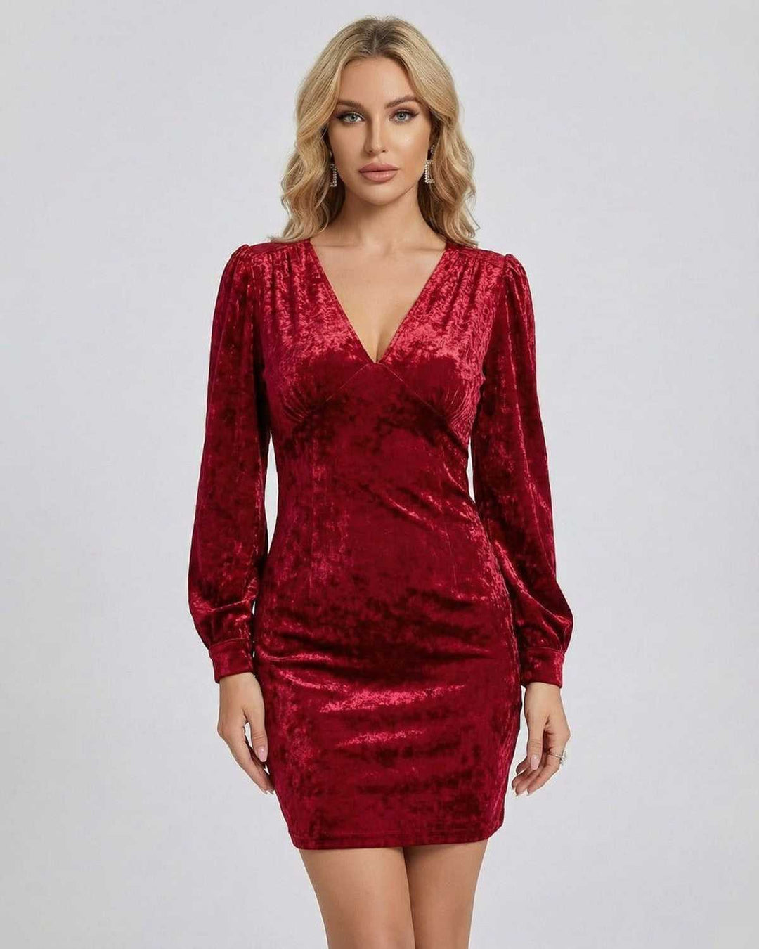 Vestido mini elegante para mujer, ideal para fiesta o cóctel, con manga larga y escote en V.