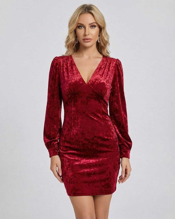 Vestido mini elegante para mujer, ideal para fiesta o cóctel, con manga larga y escote en V.