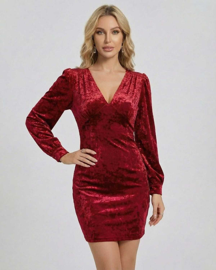 Vestido mini negro para mujer, de noche, con escote en V profundo y mangas largas, muy elegante.