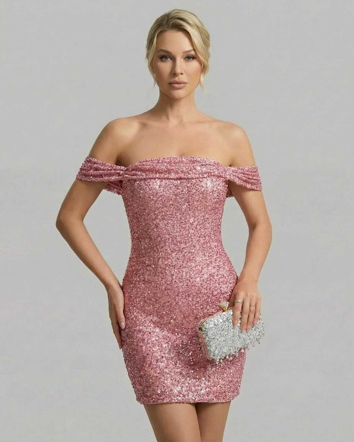 Vestido mini Aurora blanco, elegante y brillante, con escote asimétrico para mujer. Perfecto para fiestas de cóctel.