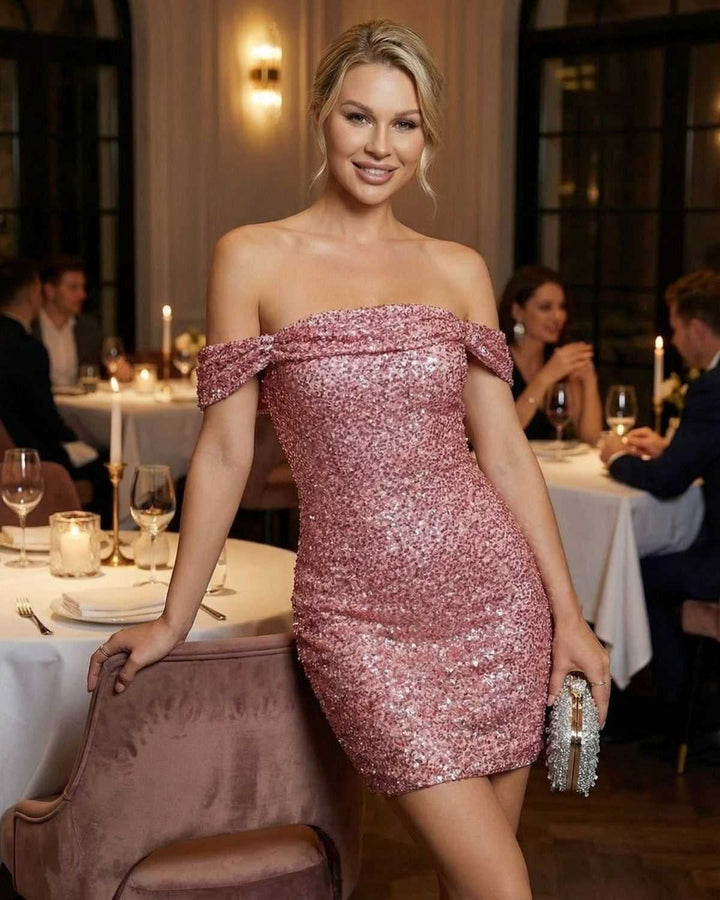 Vestido mini Aurora blanco, elegante y brillante con escote asimétrico para mujer. Vestido de fiesta glamuroso.